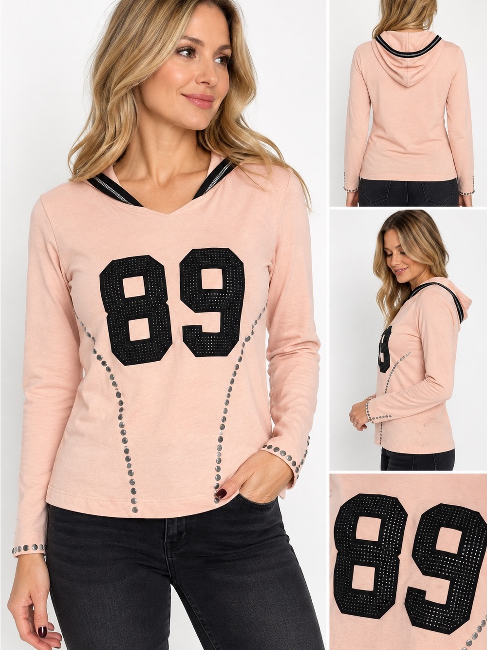 Women’s Pink Hooded Long-Sleeve Top with Studded '89 Detail